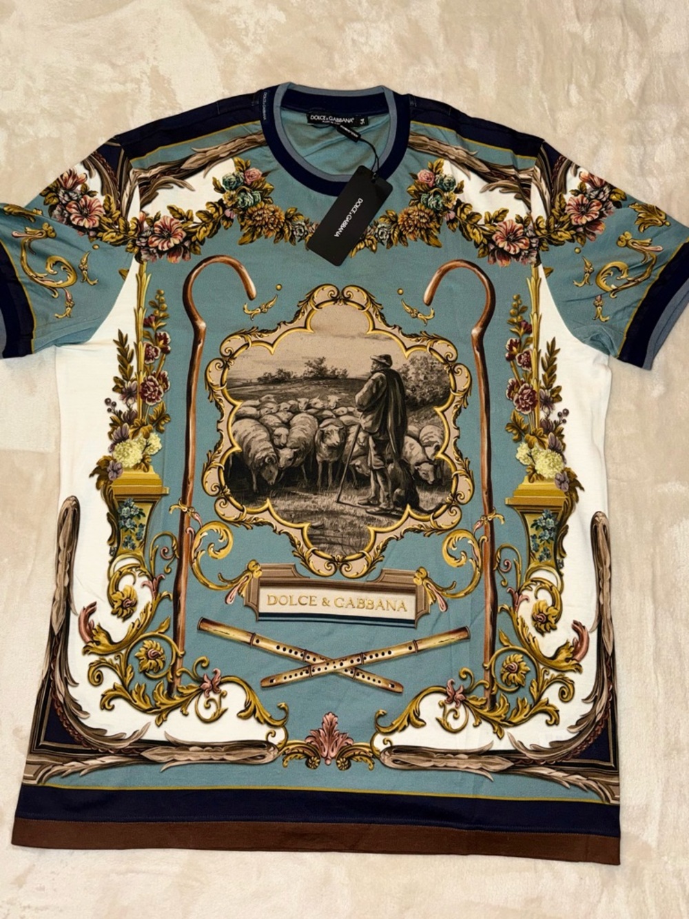 Dolce & Gabbana Blue, White & Brown Baroque Pastoral Print Tee